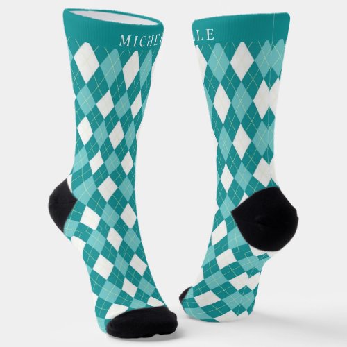 Custom Teal Blue Green White Argyle Pattern Socks