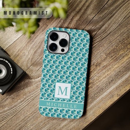 Custom Teal Blue Green White Heptagon Geometric  Case_Mate iPhone 14 Pro Max Case