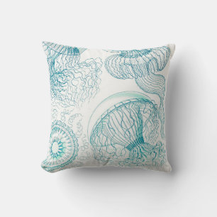 Custom Teal Blue Jellyfish Costal Beach Watercolor Throw Pillow
