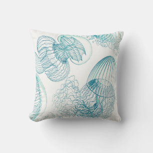 Custom Teal Blue Jellyfish Costal Beach Watercolor Throw Pillow