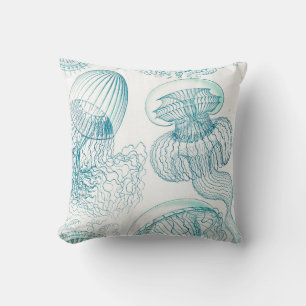 Custom Teal Blue Jellyfish Costal Beach Watercolor Throw Pillow
