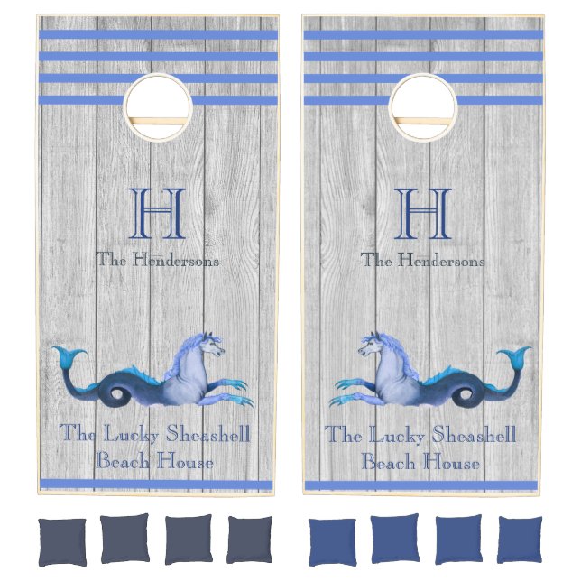 Custom Teal Blue Navy Seahorse Coastal Gray wood Cornhole Set (Set)