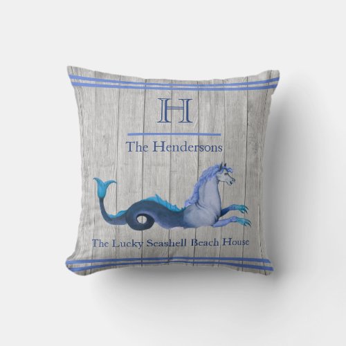 Custom Teal Blue Navy Seahorse Coastal Gray wood Throw Pillow