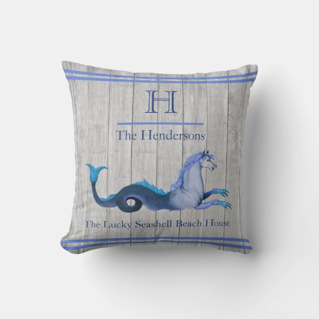 Custom Teal Blue Navy Seahorse Coastal Gray wood Throw Pillow (Front)