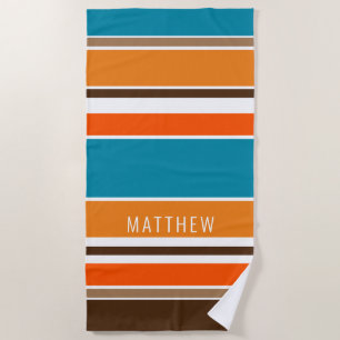 Custom Teal Blue Ochre Yellow Orange White Stripes Beach Towel