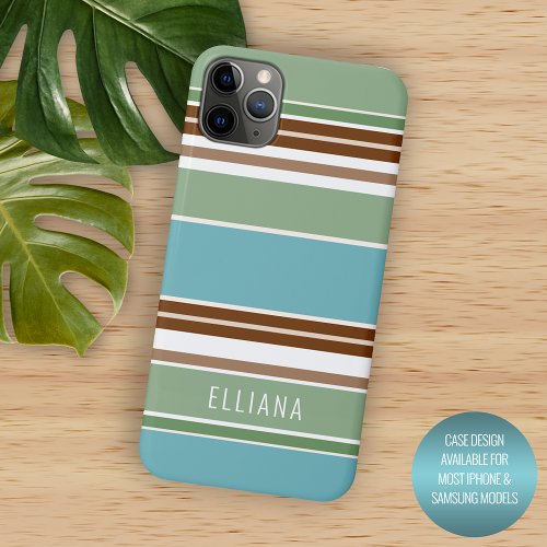 Custom Teal Blue Sage Green Brown Ivory Stripes iPhone 11 Pro Max Case