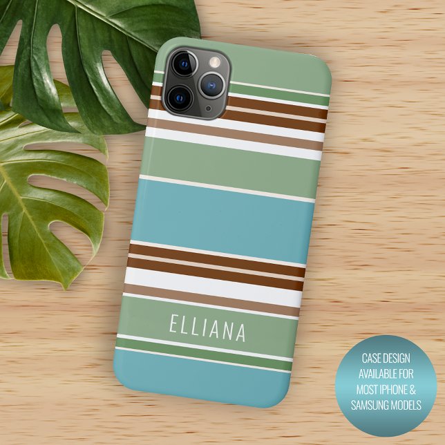 Custom Teal Blue Sage Green Brown Ivory Stripes Case-Mate iPhone Case (Creator Uploaded)