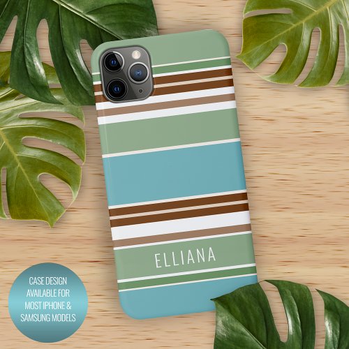 Custom Teal Blue Sage Green Brown Ivory Stripes iPhone 11Pro Max Case