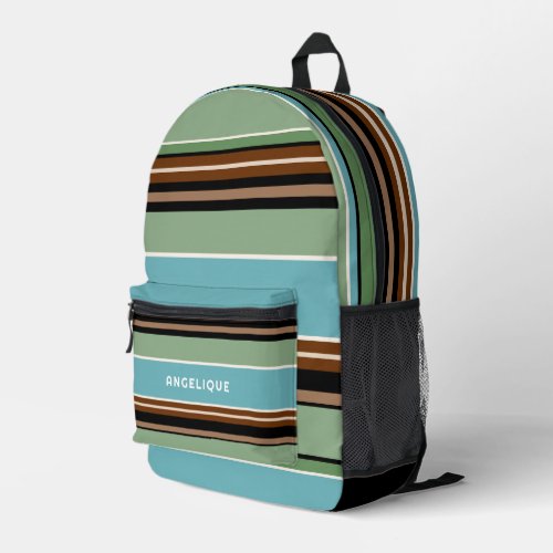 Custom Teal Blue Sage Green Brown Ivory Stripes Printed Backpack