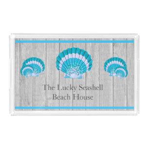 Custom Teal Blue Seashell White Shell Coastal Gray Acrylic Tray