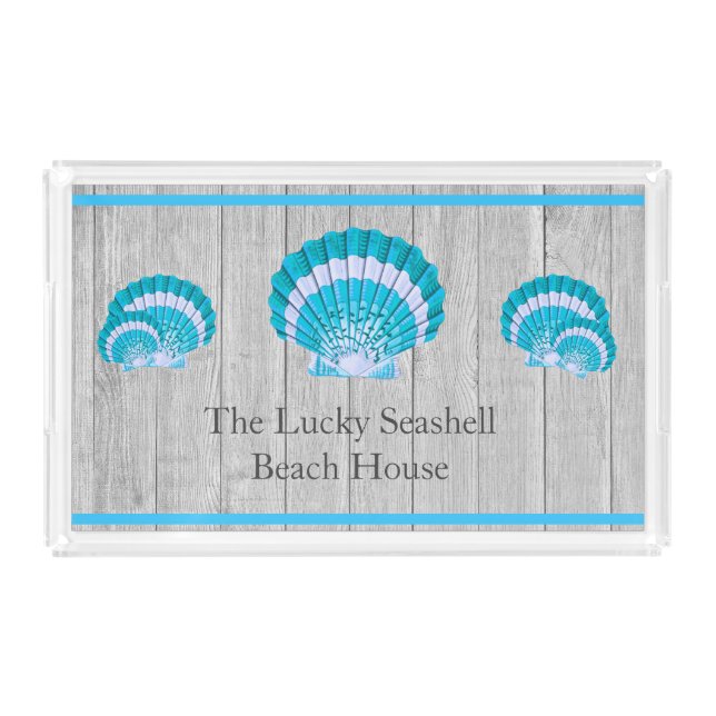 Custom Teal Blue Seashell White Shell Coastal Gray Acrylic Tray (Front)