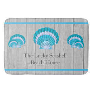 Custom Teal Blue Seashell White Shell Coastal Gray Bath Mat