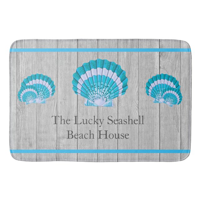 Custom Teal Blue Seashell White Shell Coastal Gray Bath Mat (Front)