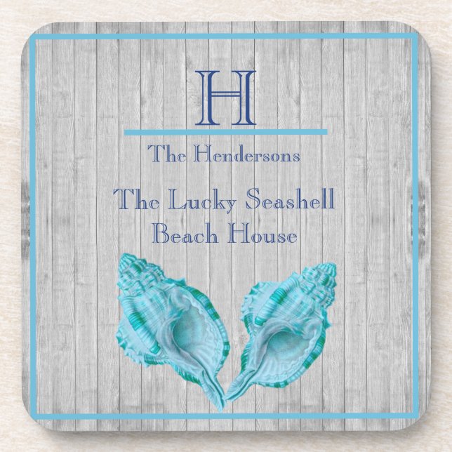 Custom Teal Blue Seashell White Shell Coastal Gray Beverage Coaster (Front)