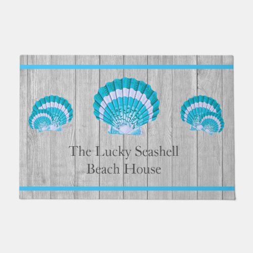 Custom Teal Blue Seashell White Shell Coastal Gray Doormat