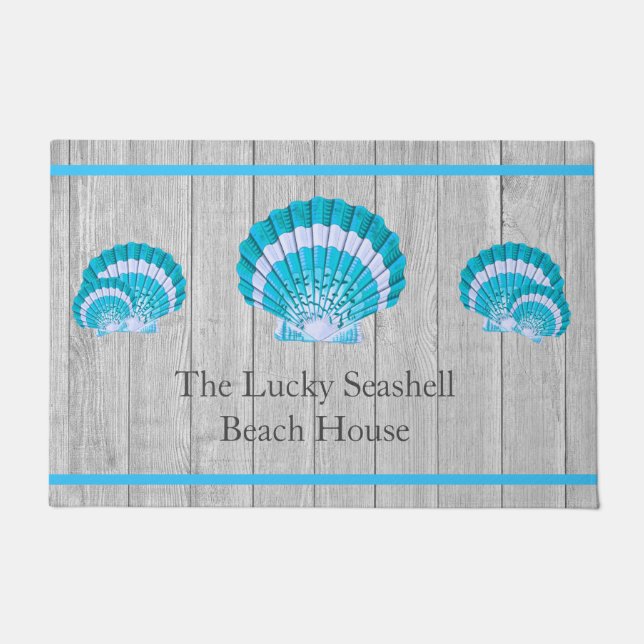 Custom Teal Blue Seashell White Shell Coastal Gray Doormat (Front)