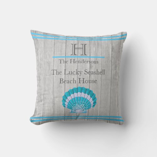 Custom Teal Blue Seashell White Shell Coastal Gray Outdoor Pillow