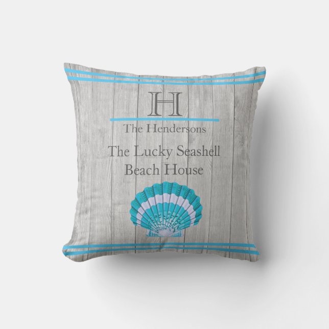 Custom Teal Blue Seashell White Shell Coastal Gray Outdoor Pillow (Front)