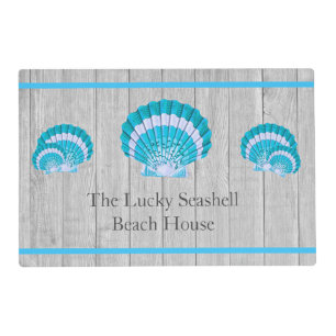 Custom Teal Blue Seashell White Shell Coastal Gray Placemat