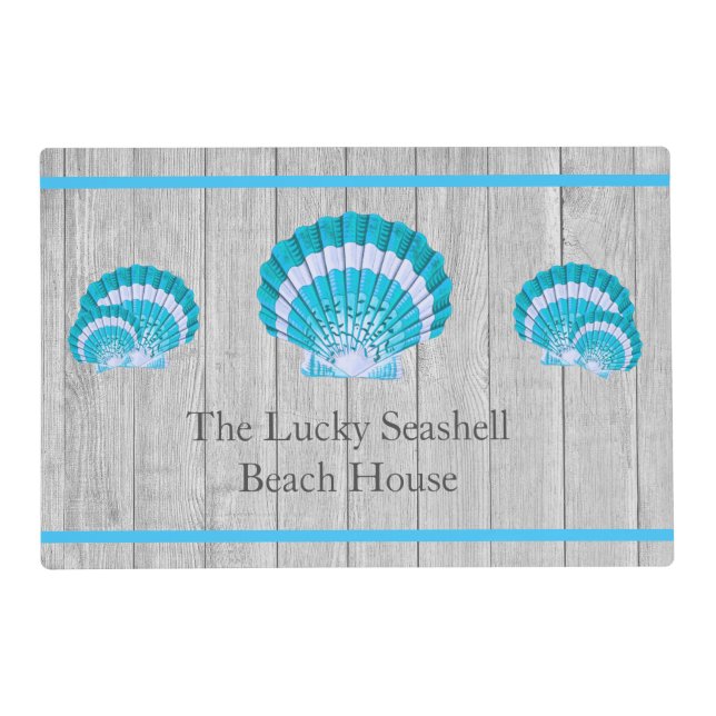 Custom Teal Blue Seashell White Shell Coastal Gray Placemat (Front)