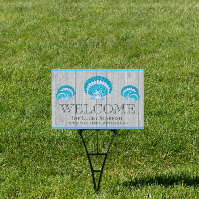Custom Teal Blue Seashell White Shell Coastal Gray Sign (Insitu)