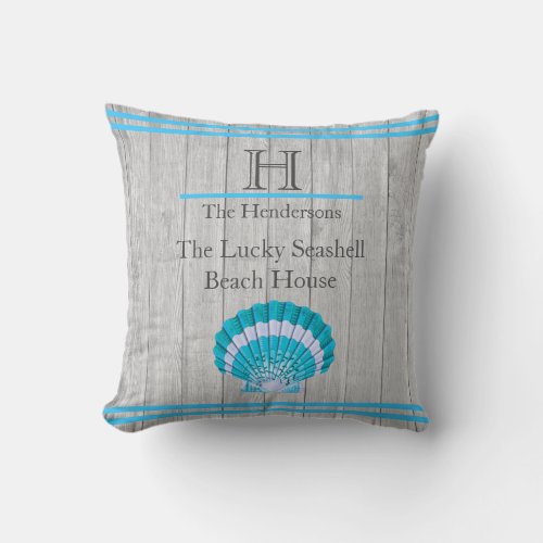 Custom Teal Blue Seashell White Shell Coastal Gray Throw Pillow