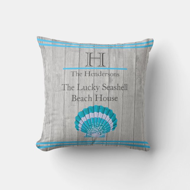 Custom Teal Blue Seashell White Shell Coastal Gray Throw Pillow (Front)