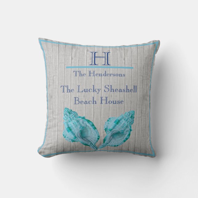 Custom Teal Blue Seashell White Shell Coastal Gray Throw Pillow (Front)