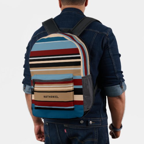 Custom Teal Blue Tan Brown Dark Red Black Stripes Printed Backpack