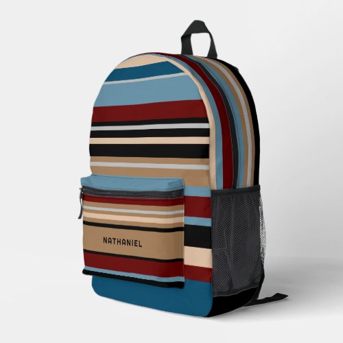 Custom Teal Blue Tan Brown Dark Red Black Stripes Printed Backpack