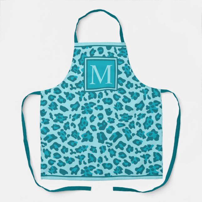 Custom Teal Blue Turquoise Green Leopard Print Apron (Front)