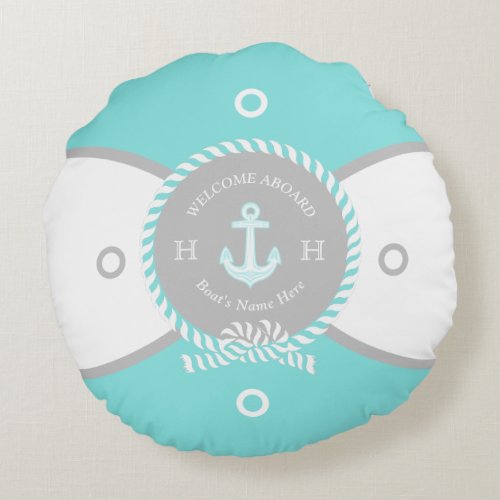Custom Teal Blue White Anchor Life Ring Nautical Round Pillow