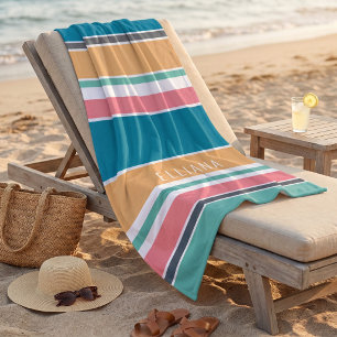 Custom Teal Blue Yellow Blush Pink White Stripes Beach Towel