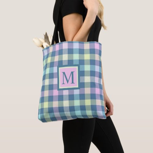 Custom Teal Blue Yellow Pink Checkered Pattern Tote Bag
