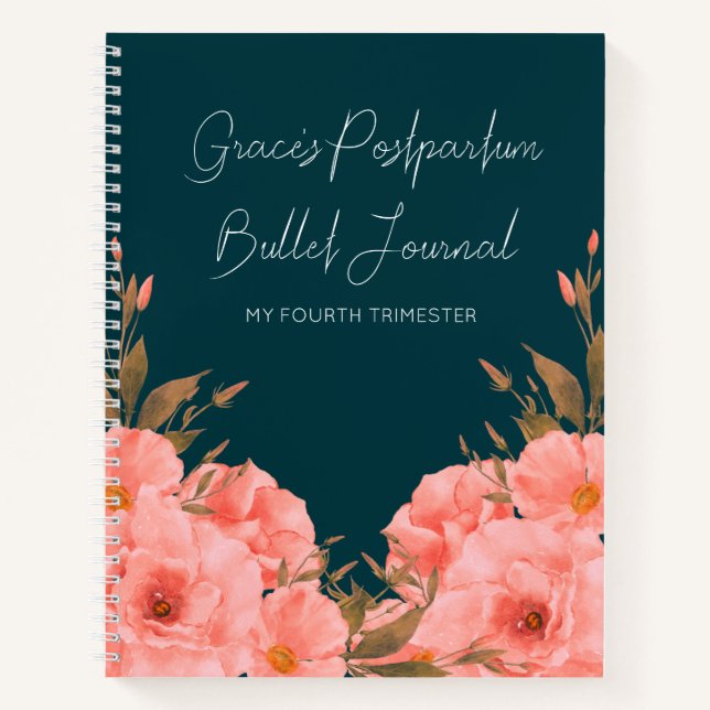 Custom Teal Floral Postpartum Journal For New Moms (Front)