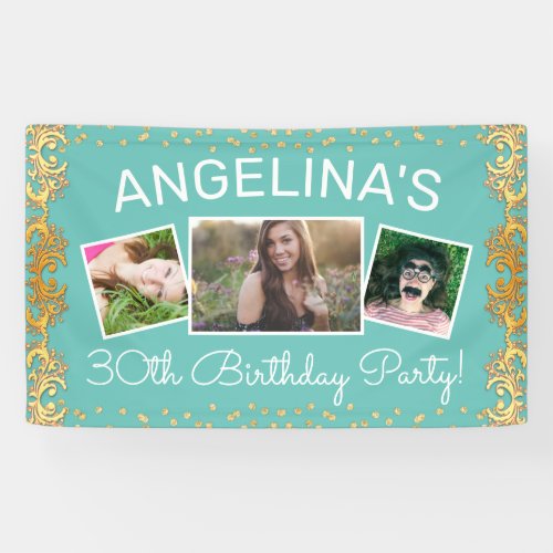 Custom Teal  Gold Photo Birthday Party Banner