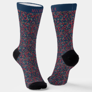 Custom Teal Green Blue Floral Red Flowers Pattern Socks