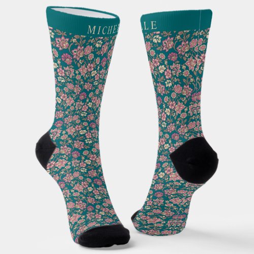 Custom Teal Green Floral Pink Flowers Pattern  Socks