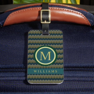 Custom Teal Green Yellow Black Chevron Pattern Luggage Tag