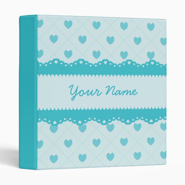Custom Teal Lace Hearts 3 Ring Binder (Front/Spine)