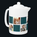 Custom Teal Modern Family Photo Collage Teapot<br><div class="desc">Custom dark teal checkered photo teapot. Perfect gift for your family,  grandparents,  or newlyweds. More color options available. Easily personalize our teal checkered teapot with your photos. INFO: Both portrait and landscape images will work as far as the focal point is fairly central.</div>