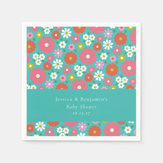 Custom Teal Pink Retro Floral Spring Baby Shower Napkins (Front)