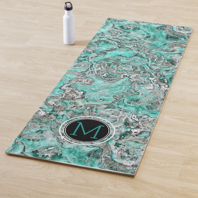 Custom Teal Turquoise Silver Gray Agate Pattern Yoga Mat (In Situ)