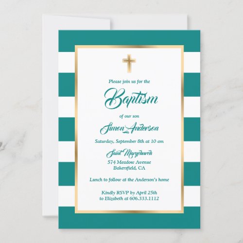 Custom Teal White Gold Stripe Baptism Invitation