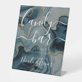 Custom Teal White Gold Vein Calligraphy Candy Bar Pedestal Sign