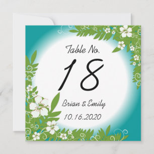 Custom teal white hibiscus table wedding cards