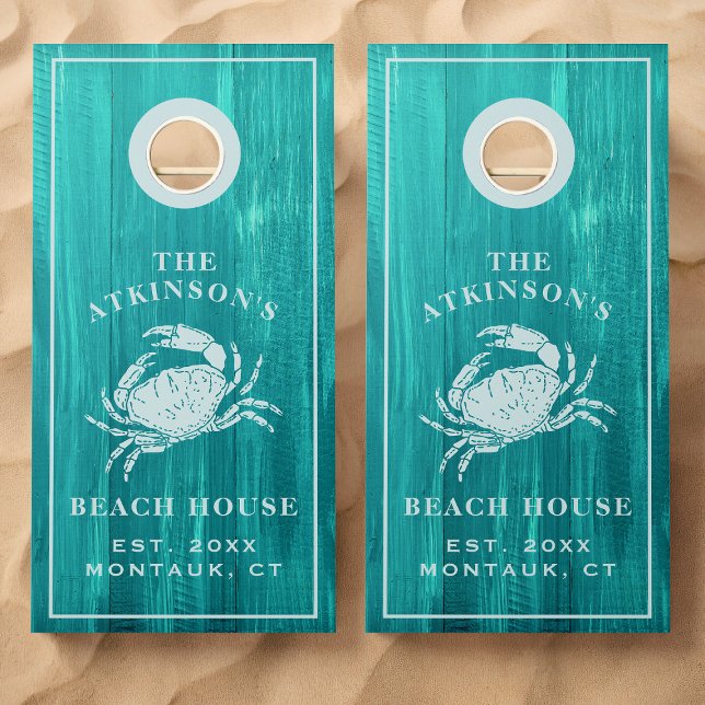 Custom Teal Wood Coastal Crab Beach House Cornhole Set (Creator Uploaded)