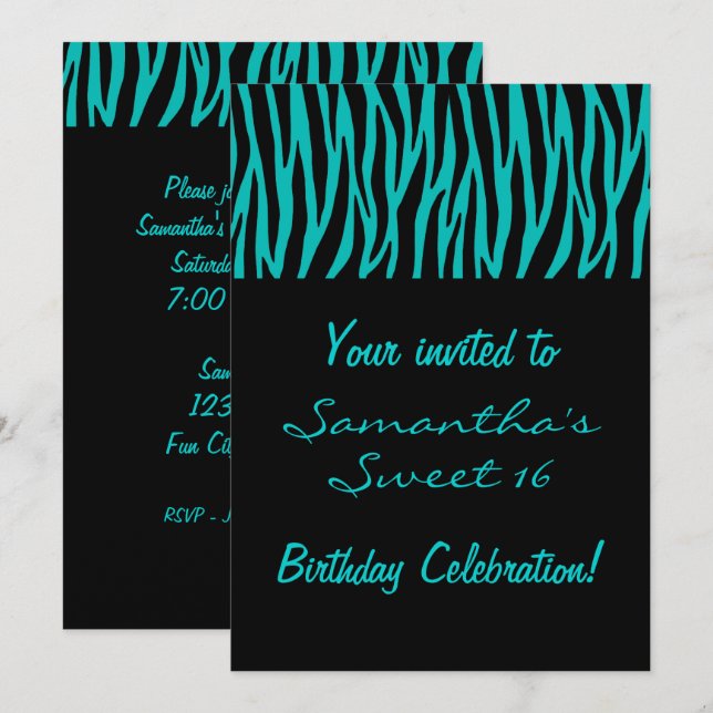 Custom Teal Zebra Invitation (Front/Back)
