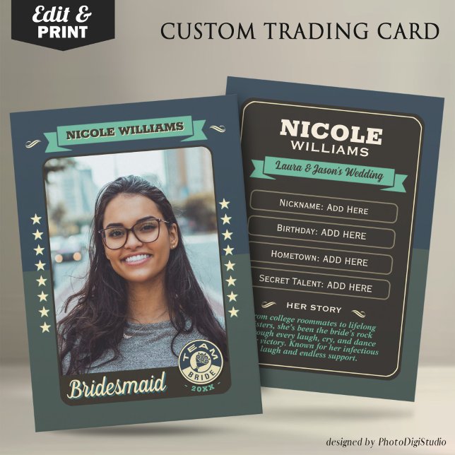 Custom Team Bride Trading Card, Bridesmaids Gifts Calling Card (Custom Team Bride Trading Card, Bridesmaids Gifts Maid of Honor Trading Card, Retro Wedding Cards)