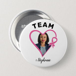 Custom Team Support Pink Ribbon Heart Photo Button